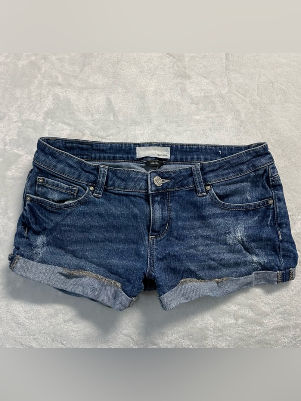 Y2K GARAGE women's blue lowrise distressed foldover mini denim shorts, 28".